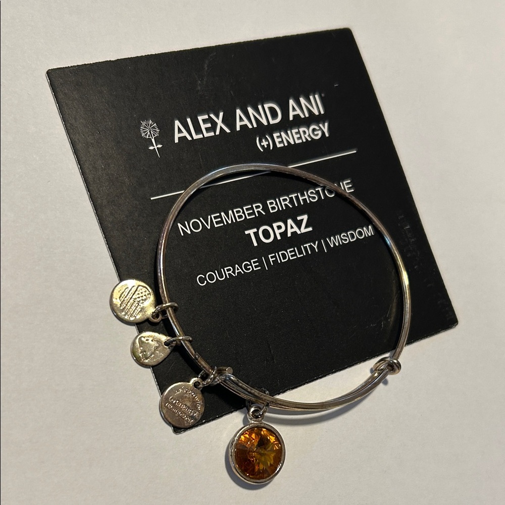 Alex and Ani Silver Bangle with Topaz/November Birthstone Charm